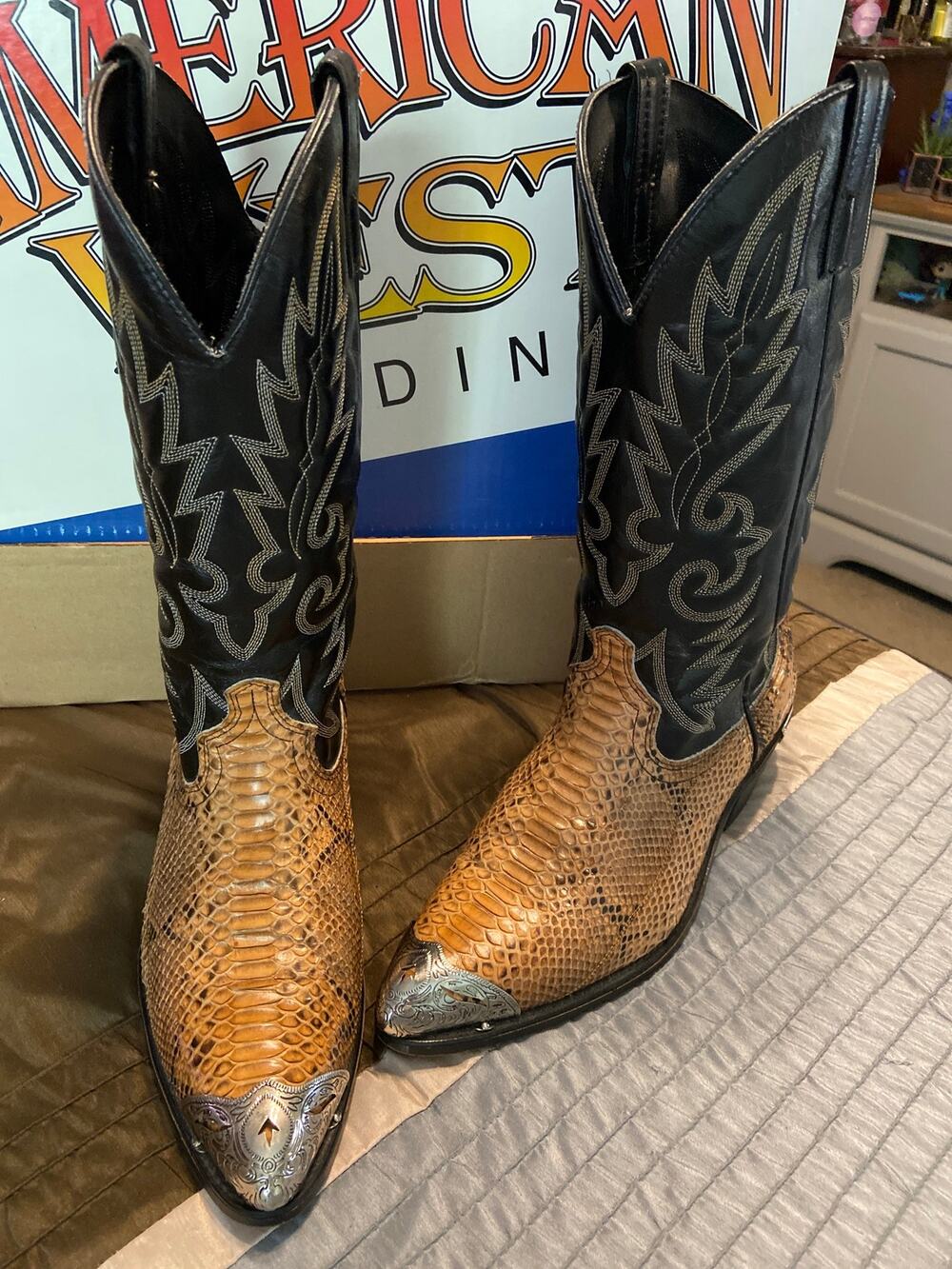 American West Men's Black Taupe b/c python with tips cowboy boots size 10 D